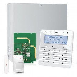 INTEGRA 32 RF pack met zilver INT-KSG soft touch LCD bediendeel, RF module, draadloos magneetcontact en bewegingsmelder