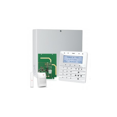INTEGRA 32 RF pack met wit INT-KSG soft touch LCD bediendeel, RF module, draadloos magneetcontact en bewegingsmelder