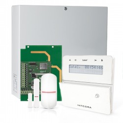 INTEGRA 32 RF pack met wit INT-KLFR proximity LCD bediendeel, IP module, RF module, draadloze multifunctionele detector en PIR