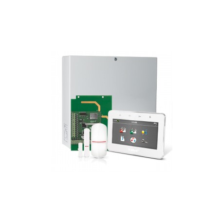 INTEGRA 32 RF pack met wit INT-TSG 4.3" touchscreen bediendeel, IP module, RF module, draadloze multifunctionele detector en PIR