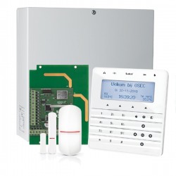 INTEGRA 32 RF pack met wit INT-KSG soft touch LCD bediendeel, RF module, draadloze multifunctionele detector en PIR